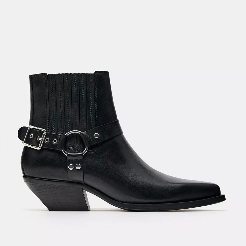 Zara Leather Cowboy Ankle Boots (New)
